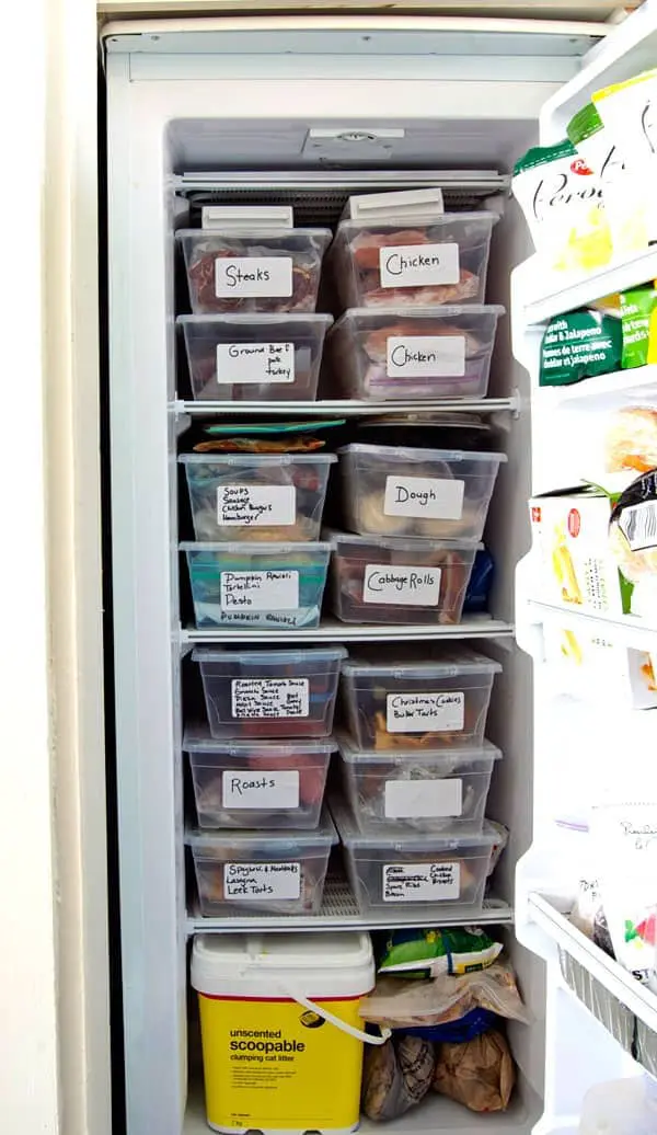 labeled plastic containers in freezer
