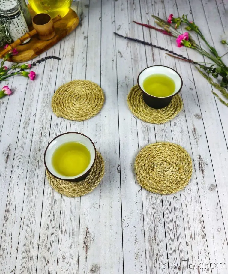 cups of tea on rope coasters