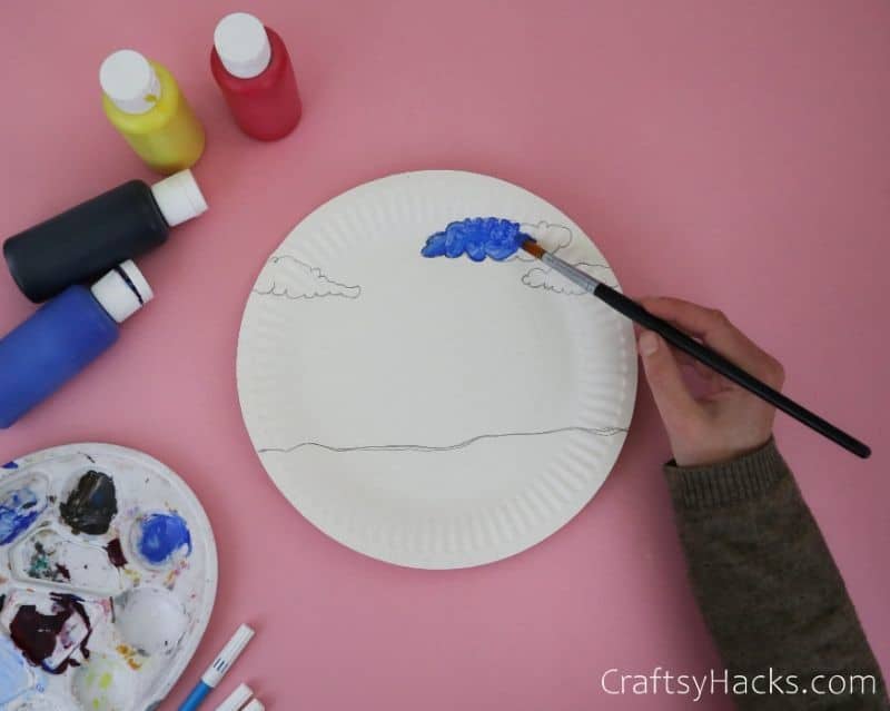 painting clouds on paper plate