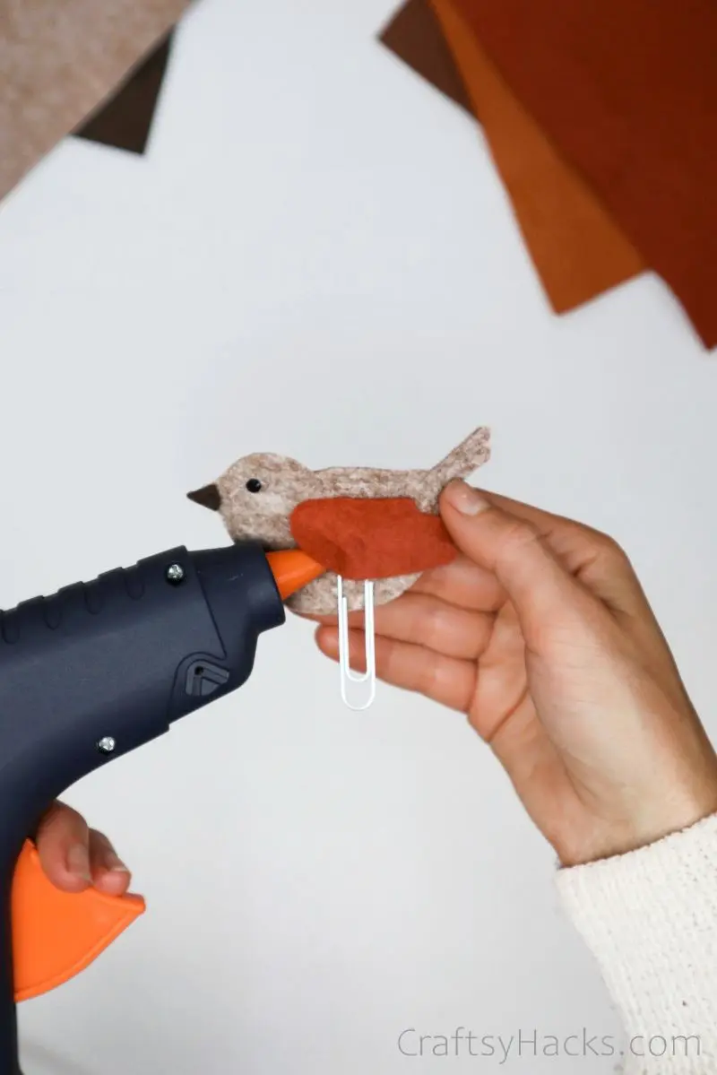 glueing felt wing to bird bookmark