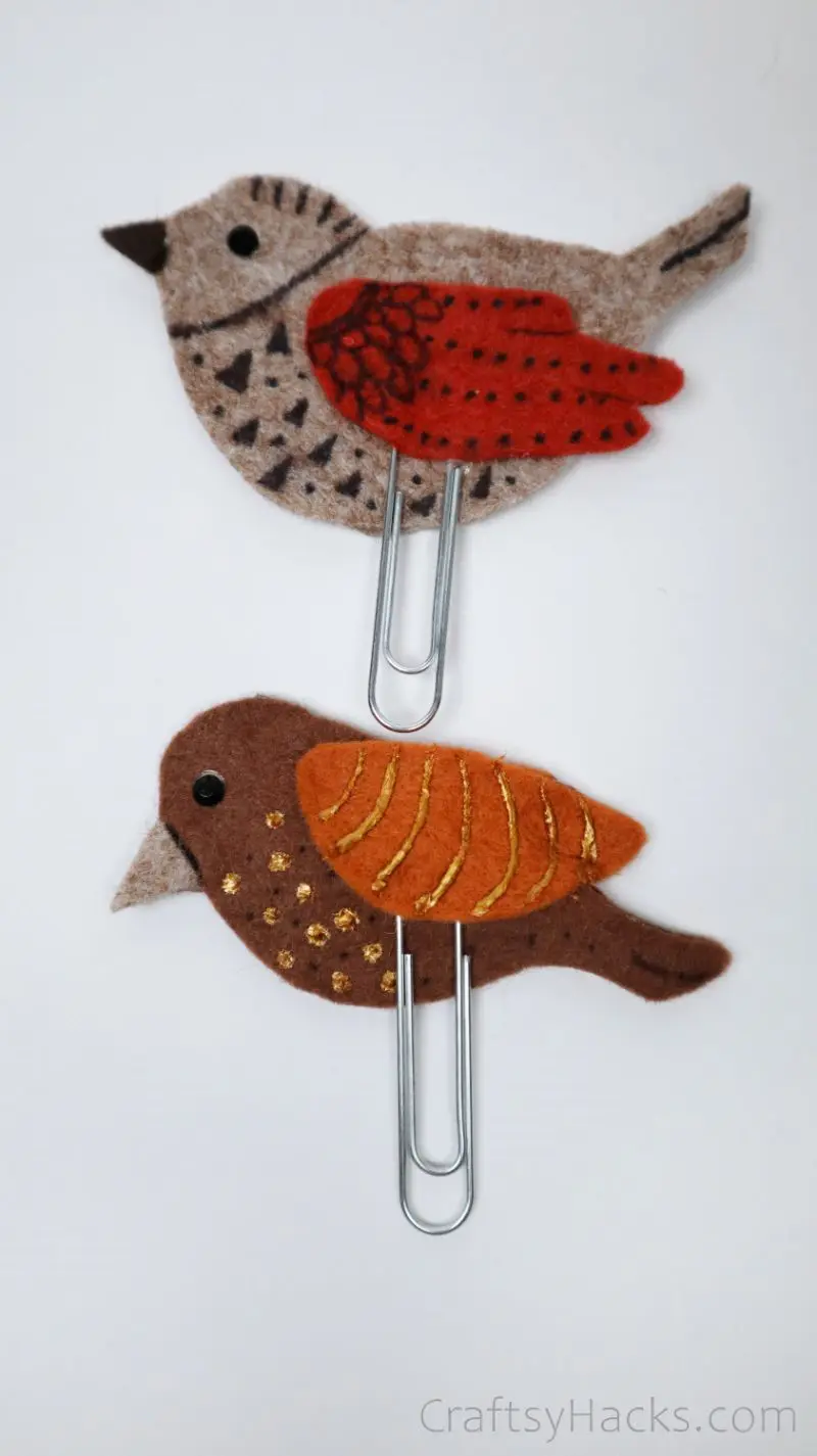 close up of two diy felt bird bookmarks