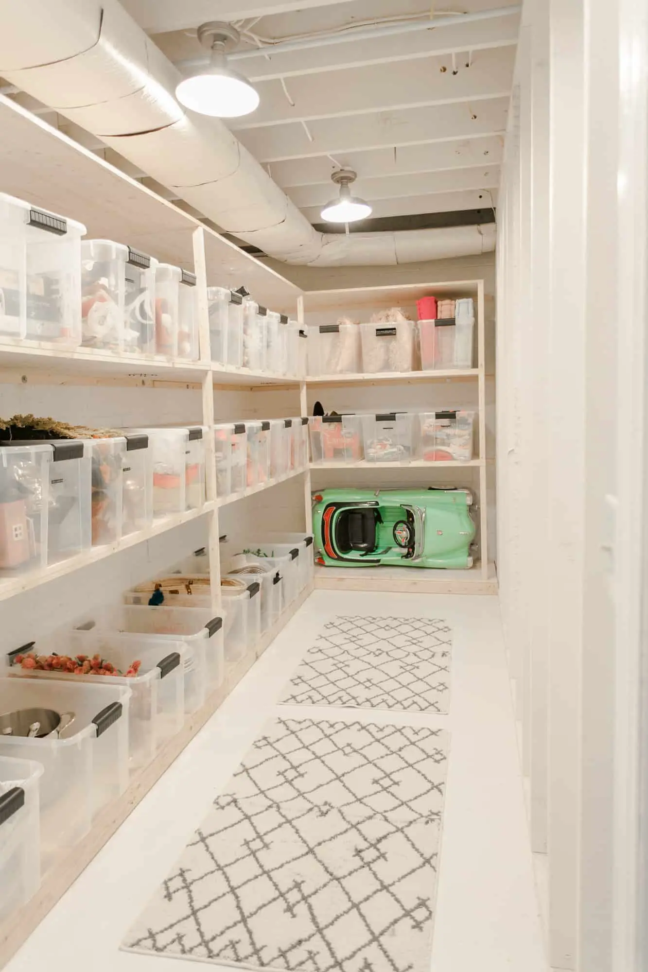 basement hallway with bins