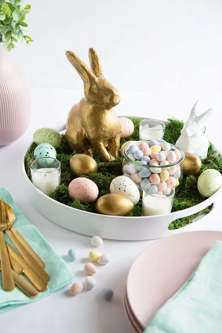 Centerpiece tray with gold bunny