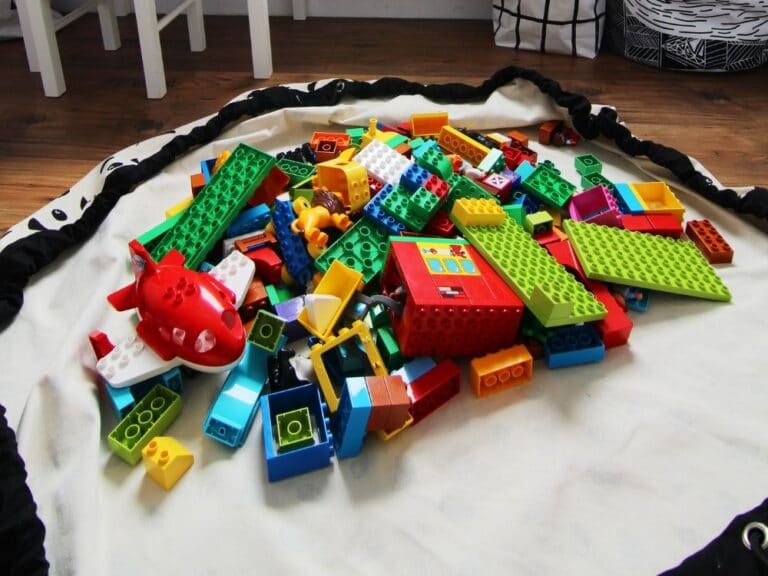 lego basket with blanket