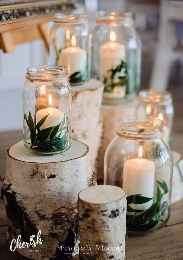 Wood, Leaves, And Candles In A Jar