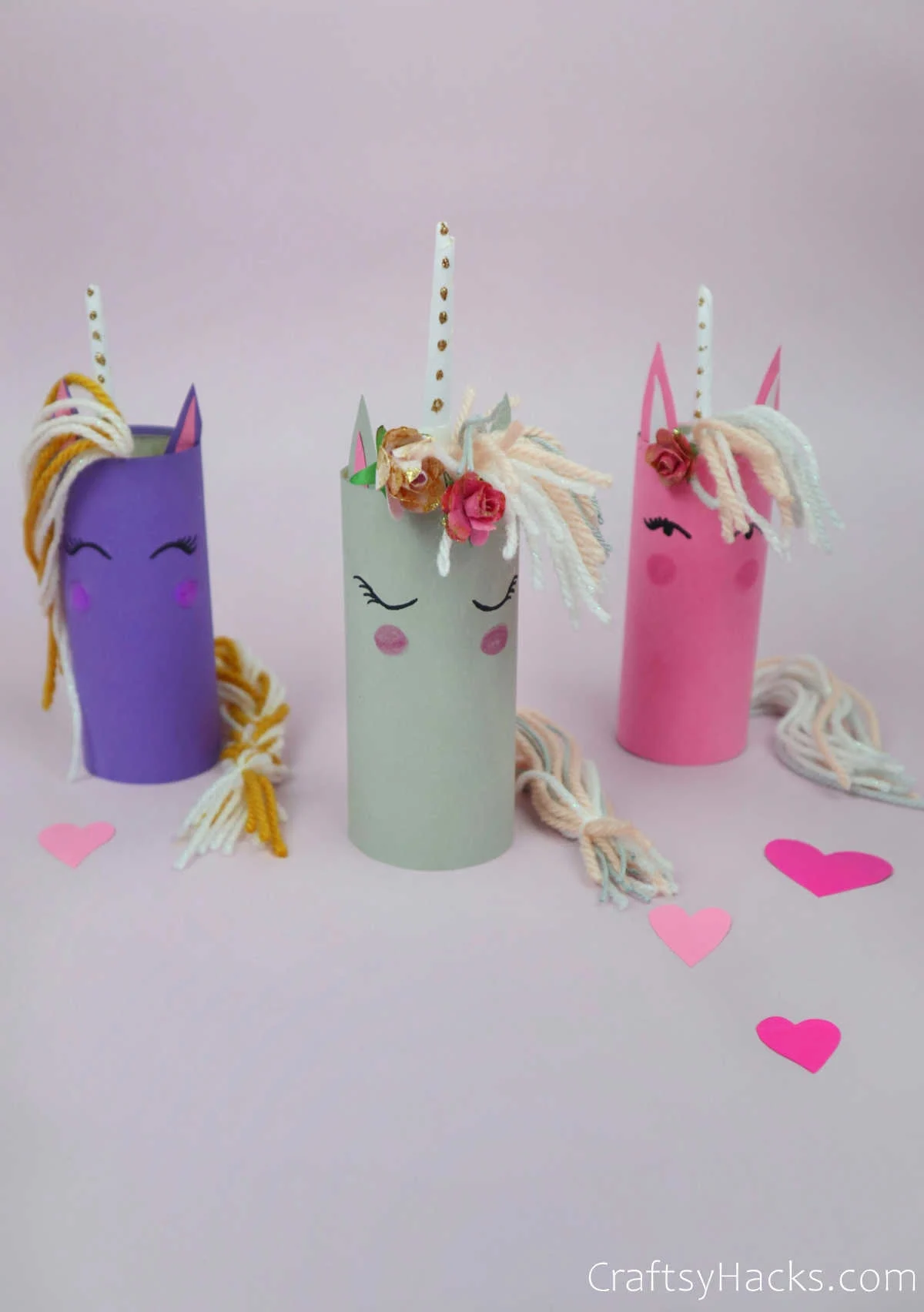 three completed paper roll unicorns