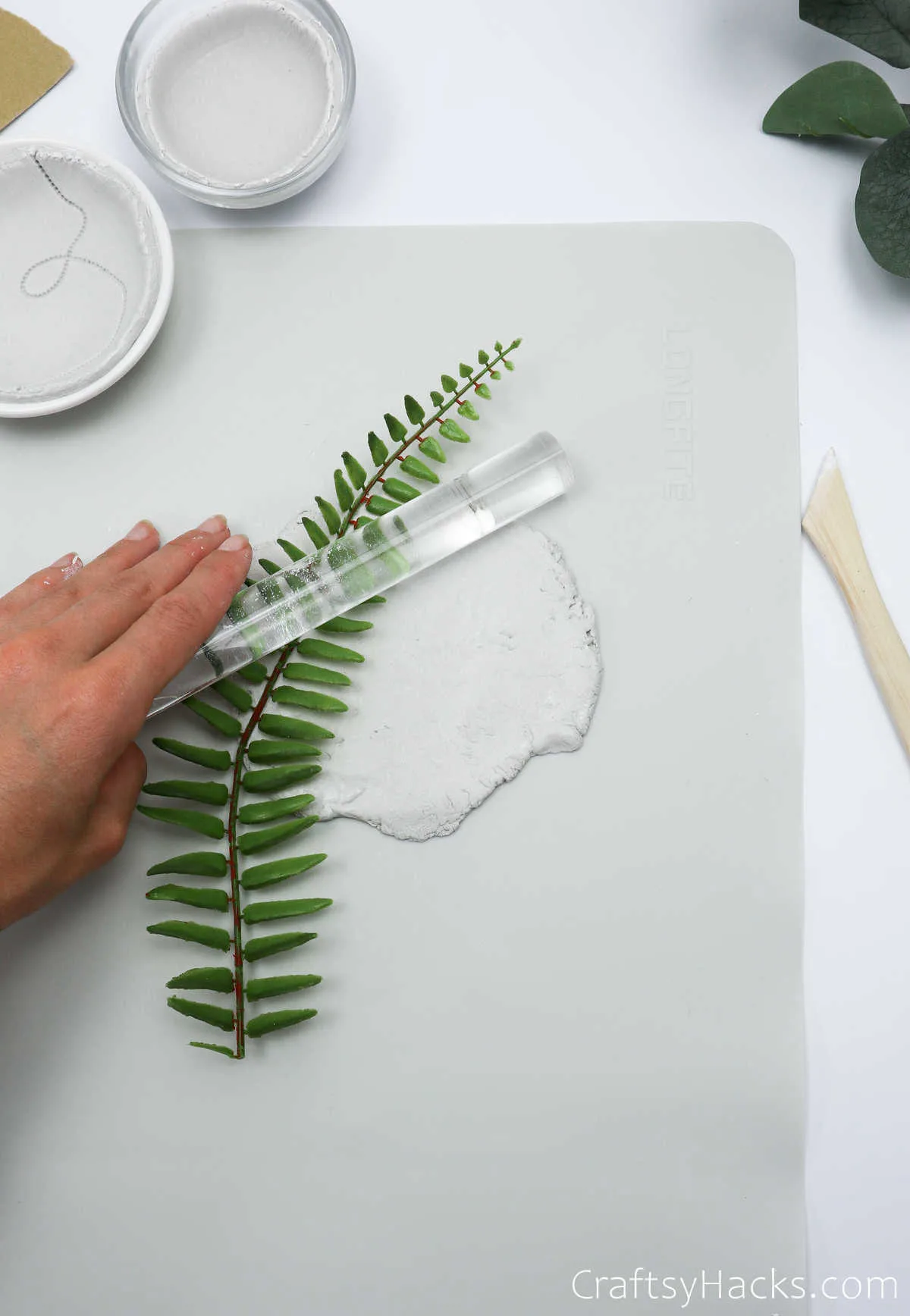 pressing leaves into clay