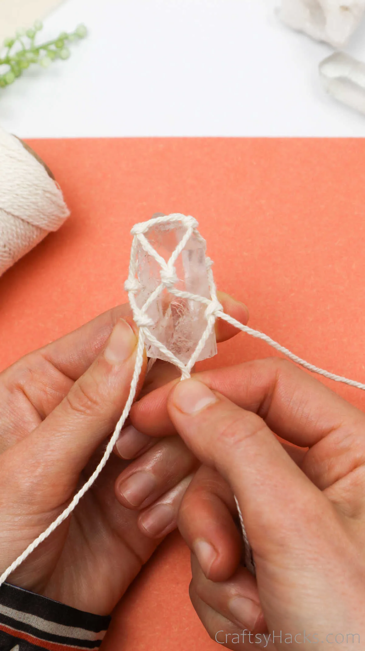 tying macrame with crystal