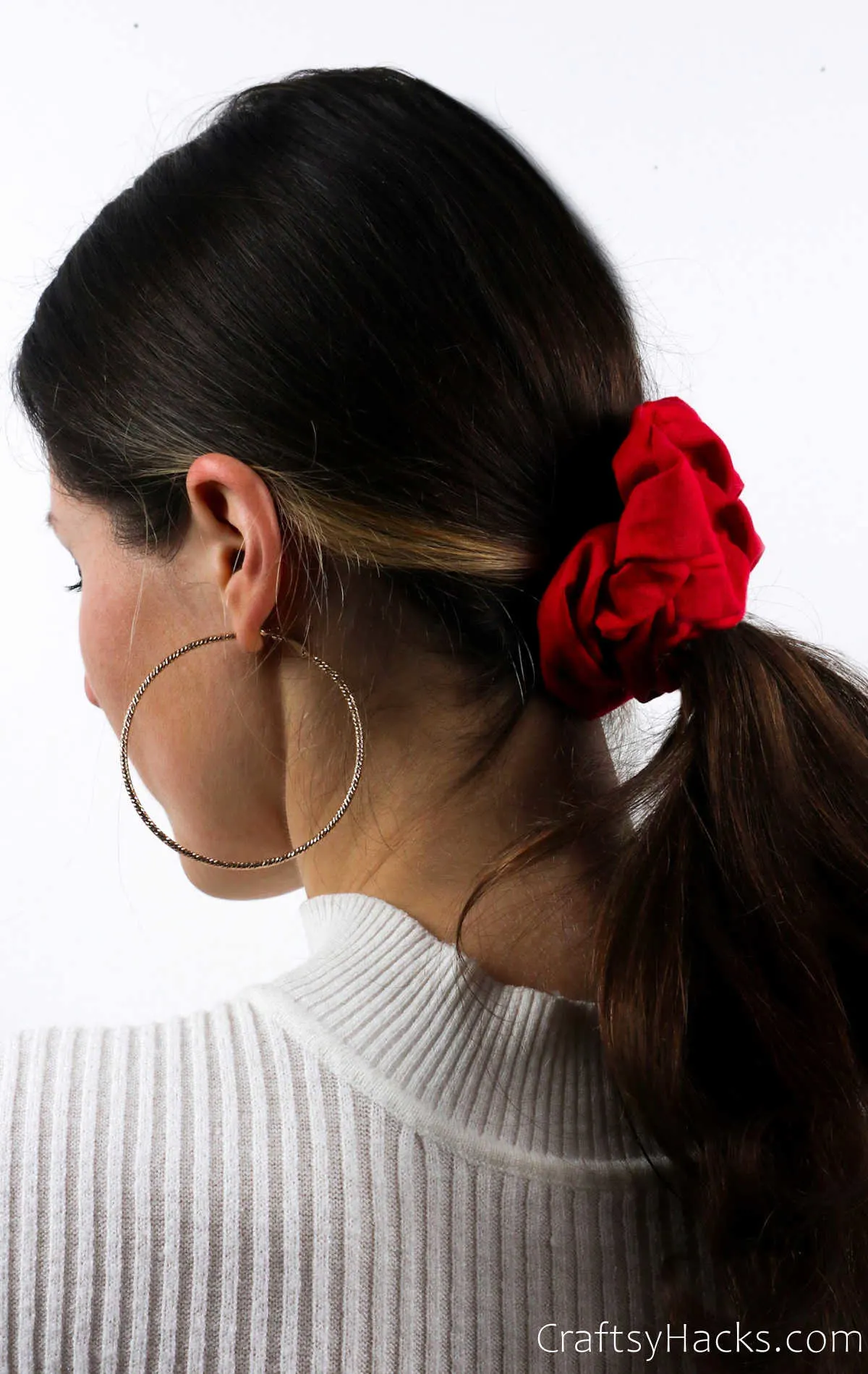 red scrunchie in hair