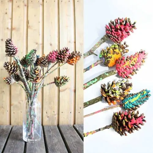 Drip Painted Pine Cone Flower Craft