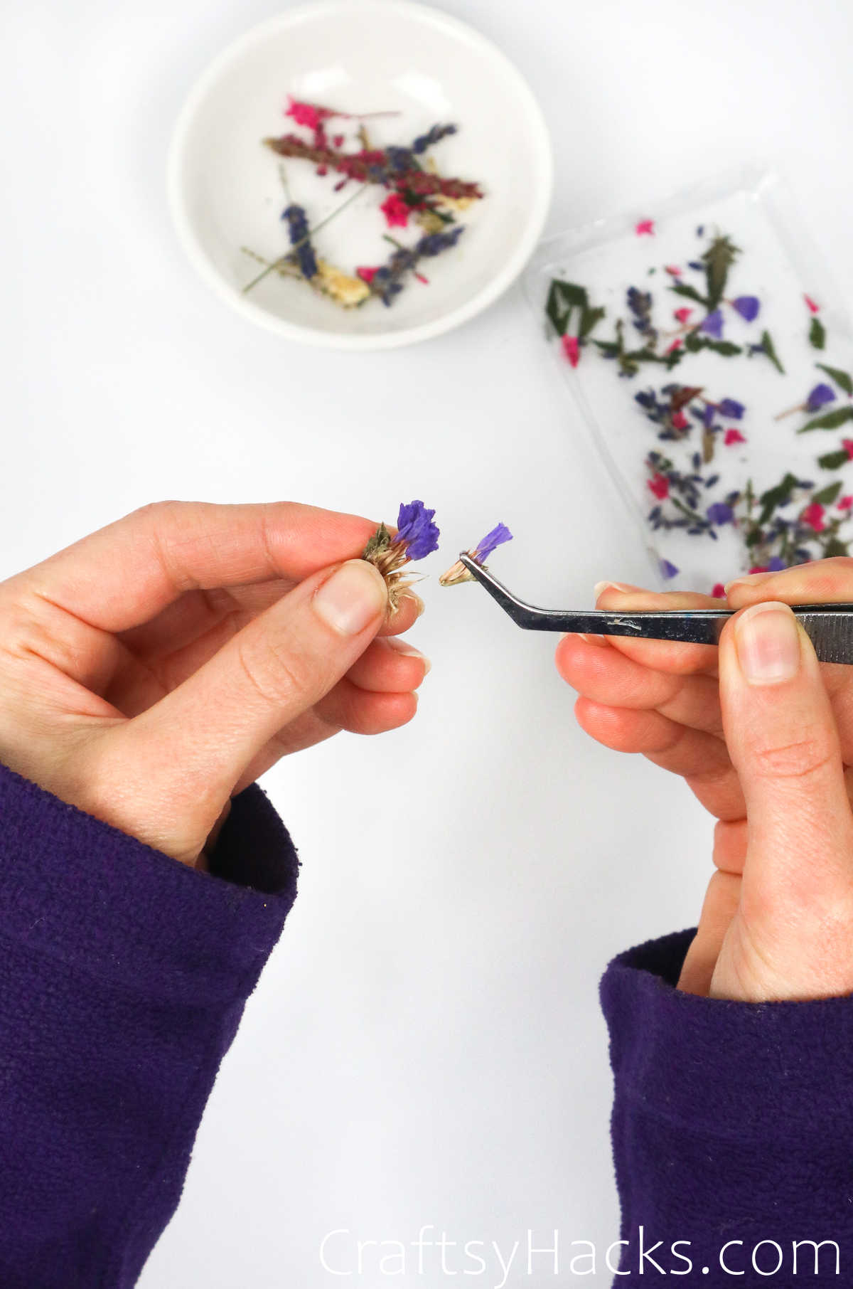 holding dried flower with tweezers