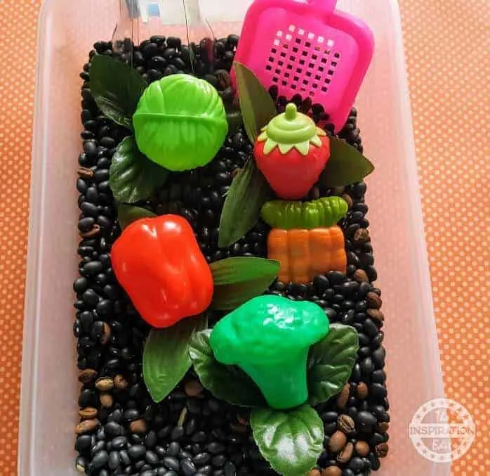 vegetable garden sensory bin