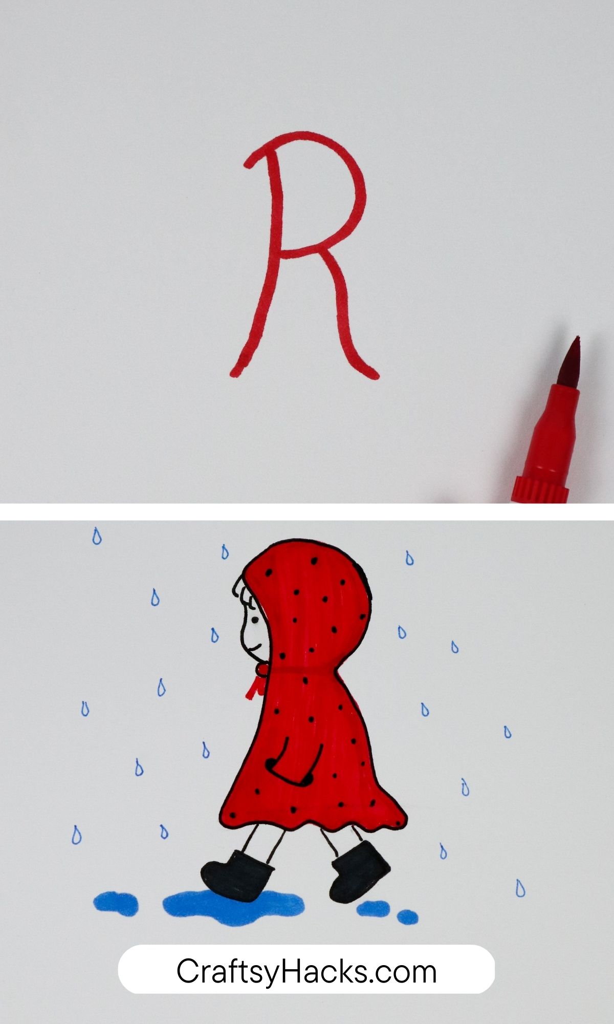 R to girl in raincoat drawing
