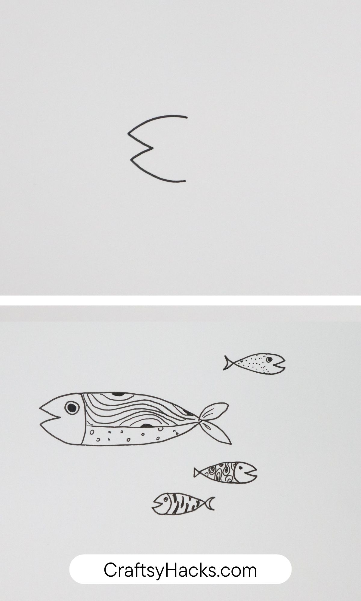 sideways W into fish drawing