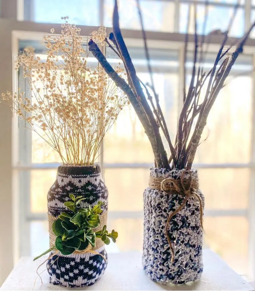 crochet sweater jar vases