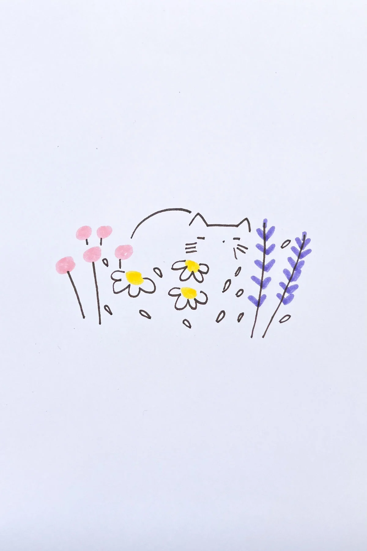cat in flower field drawing