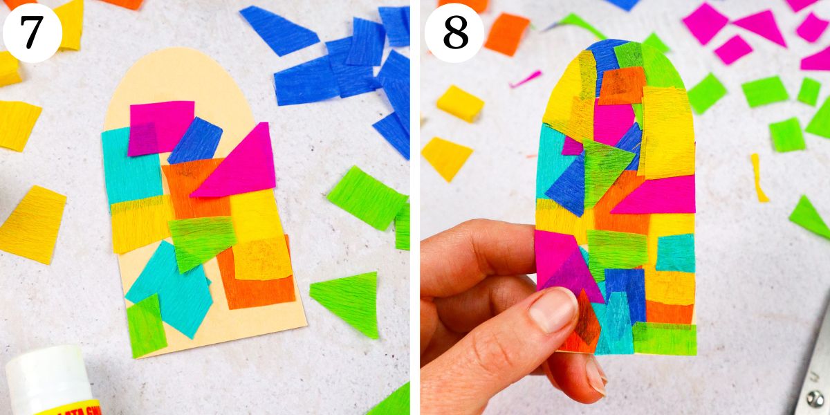create mosaic pattern on popsicle with tissue paper