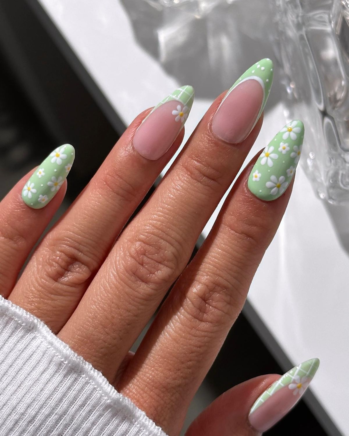Green Floral French Tips