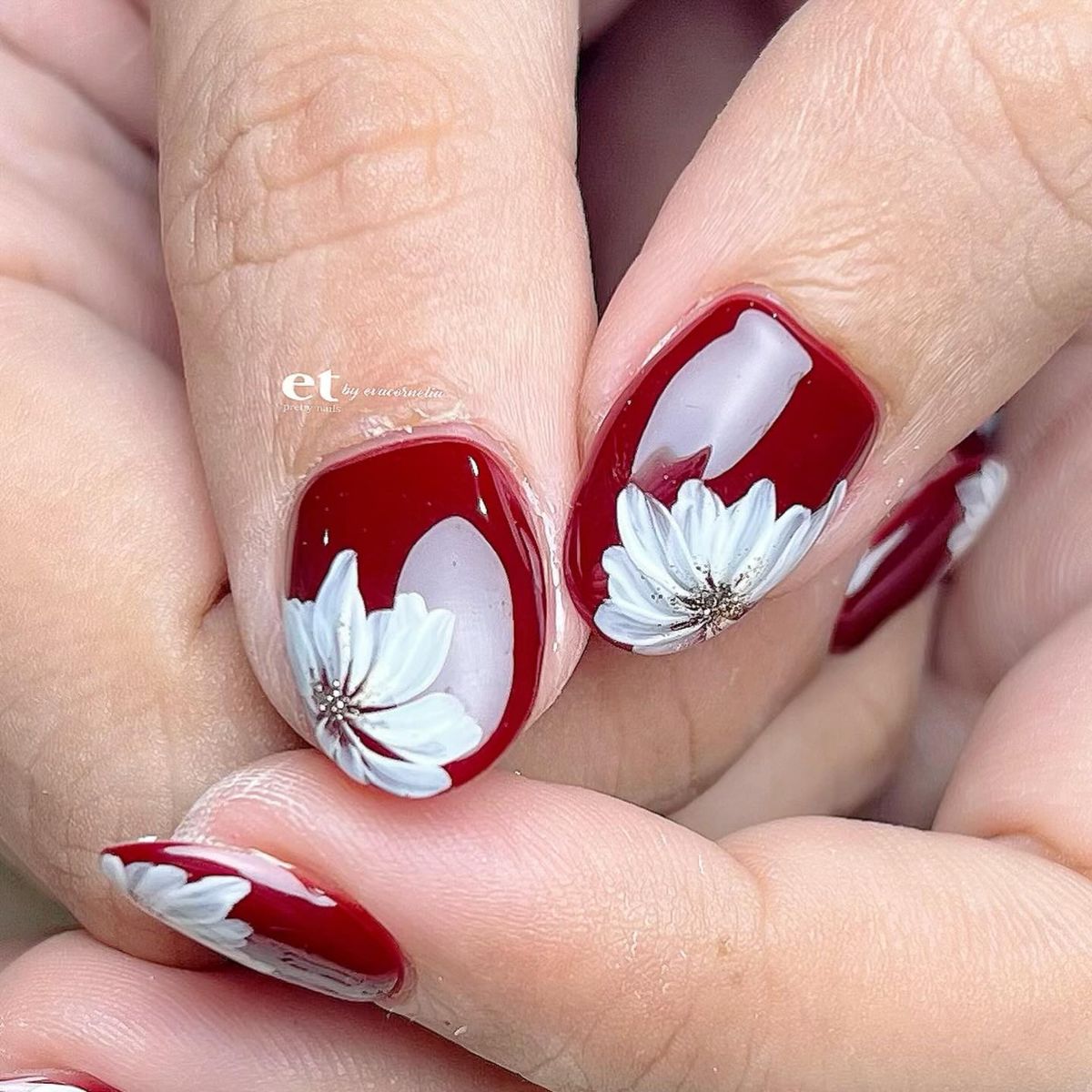 red wine nails with flowers