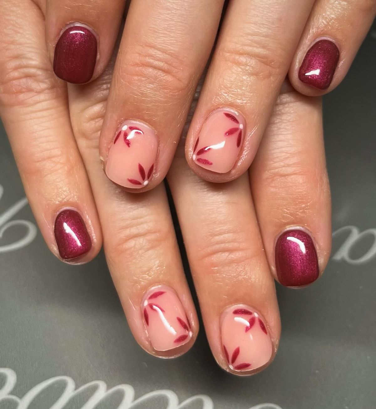 Burgundy Floral nails