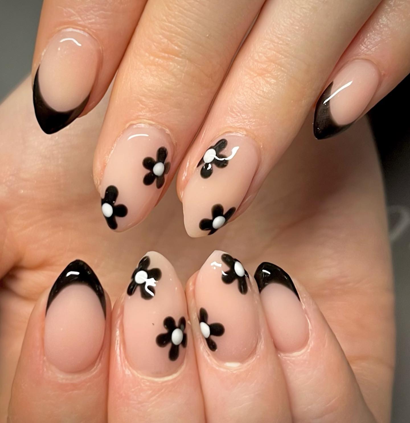 Black Flower French nails