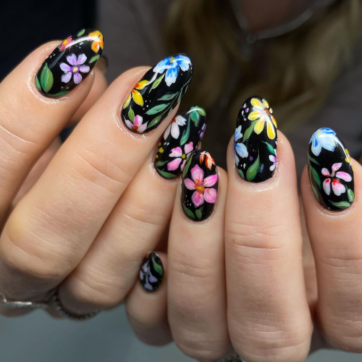 dark and floral nails