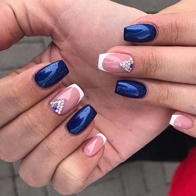 14. Dark Blue, French, and Rhinestone Designs