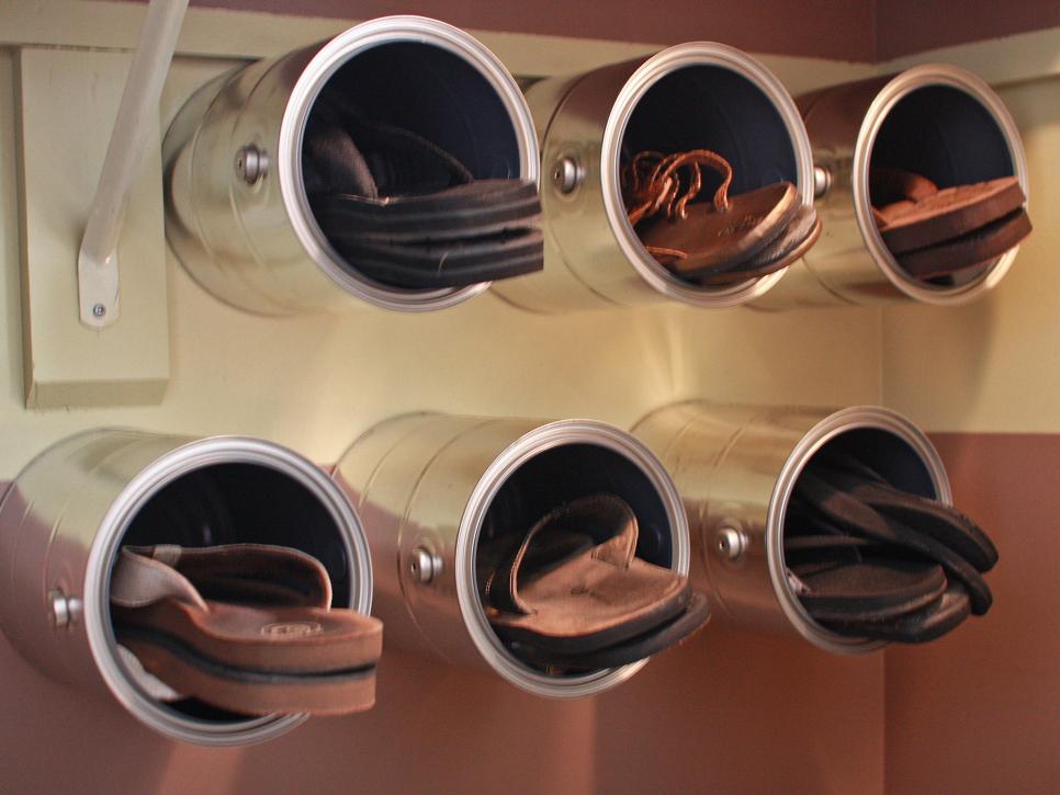 1. Upcycled Paint Can Shoe Storage