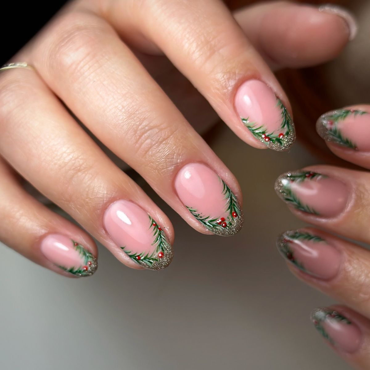 2. Glitzy Holly Jolly French Tips