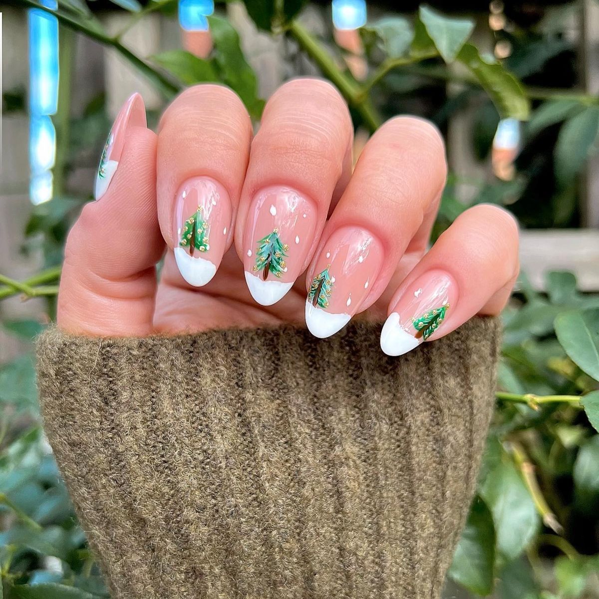 21. Classic French Tips with Christmas Tree Designs