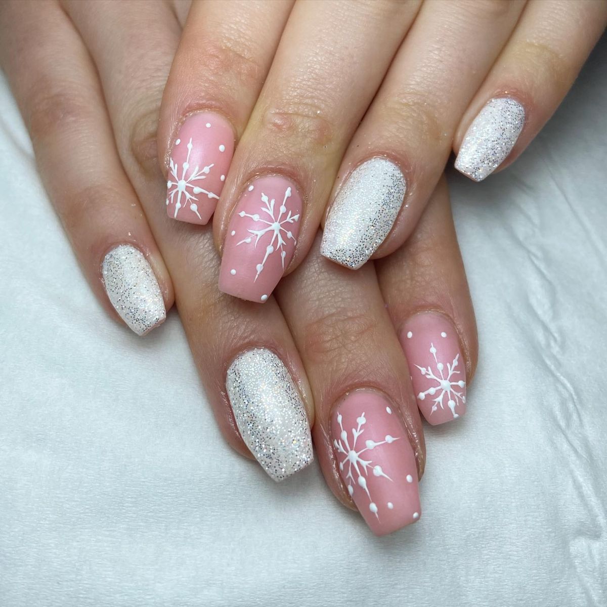 3. Nude pink, snowflakes and sparkles